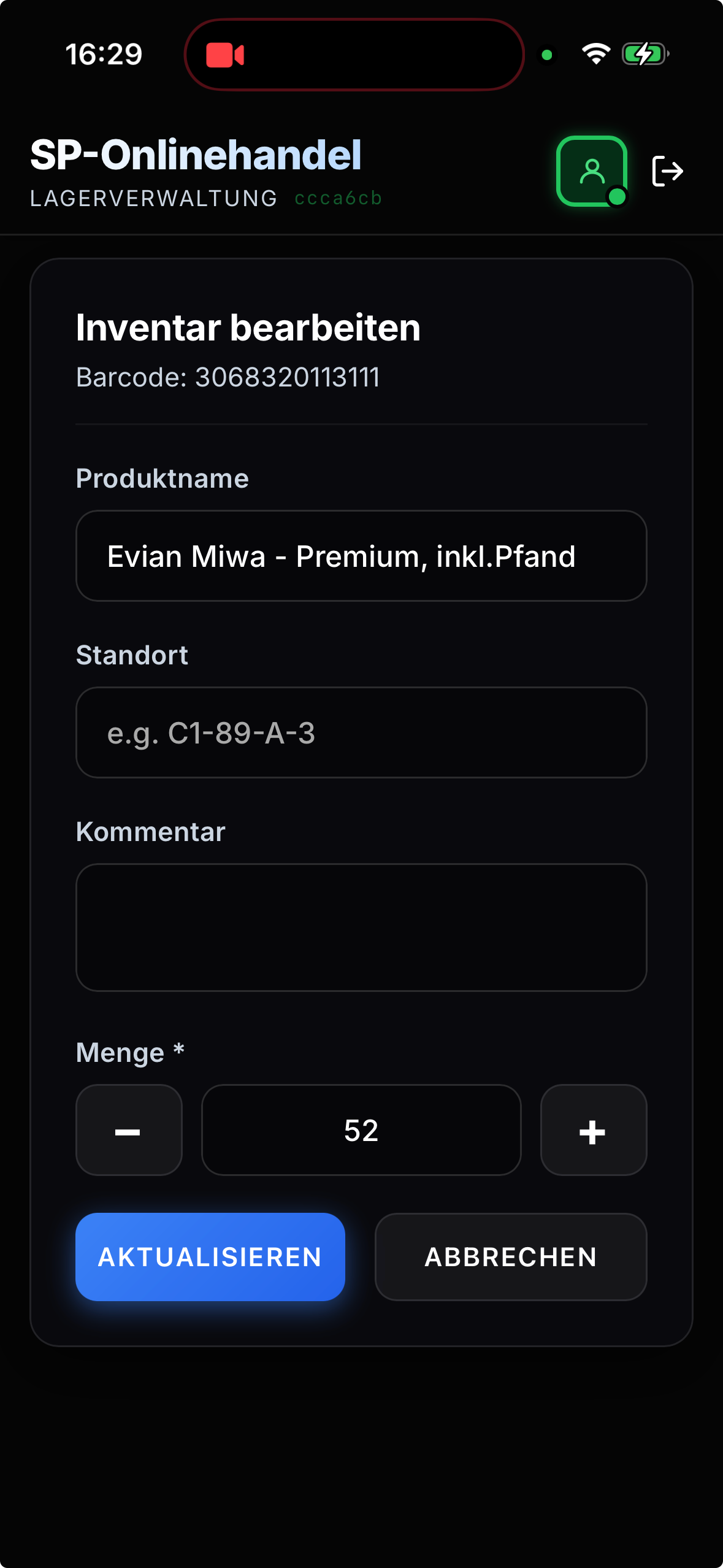 StackStock-App: Artikel im Inventar bearbeiten mit Produktname, Standort und Menge 52